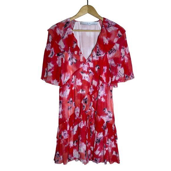 IRO Paris Arama Floral Ruffled Dress Mixed Red Womens Size 34 US 2 Silk Mini - Picture 2 of 12